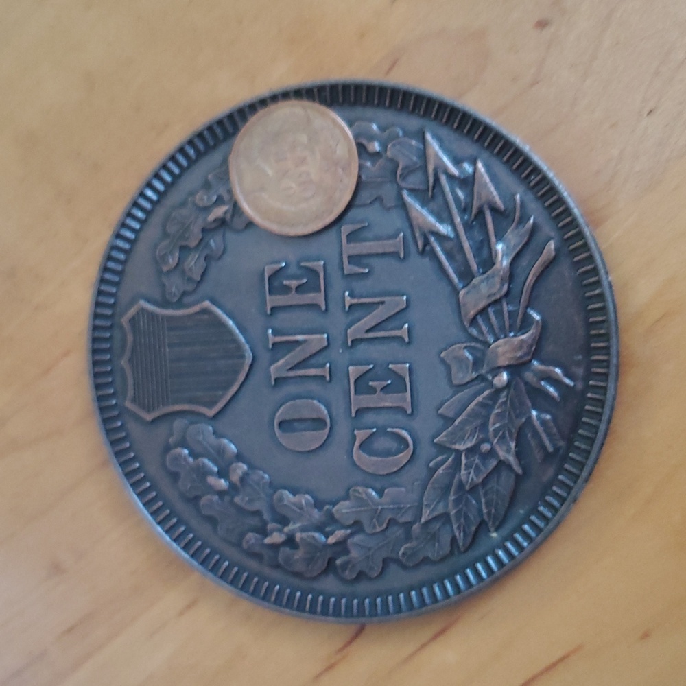 VINTAGE US 1877 REPRODUCTION 3" NOVELTY INDIAN HEAD, METAL MEDALLION - Picture 5 of 8